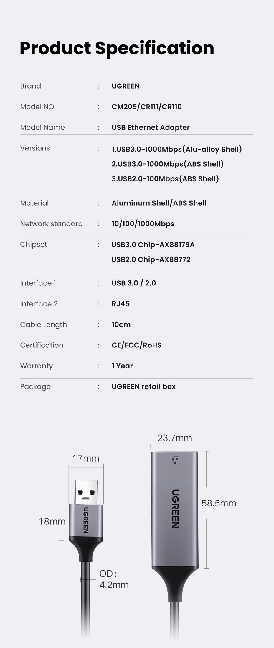 UGREEN USB Ethernet Adapter USB 3.0 Network Card to USB RJ45 Lan for PC Windows 10 Xiaomi Mi Box 3/S Nintend Switch Ethernet USB
