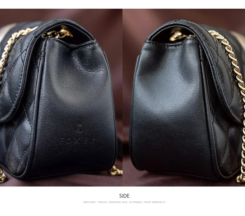 FOXER Women Crossbody Bag Diamond Lattice Handbag Lady Armpit Shoulder Bag Girl's Split Leather Chain Strap Black Messenger Bags