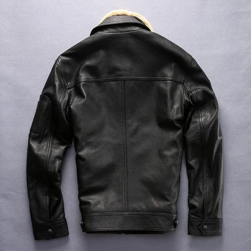 Top Quality Mens Air Force Pilot Sheepskin Genuine Leather Jacket Slim Fit Sheep Fur Collar Padded Coat Chaqueta Motor Hombre