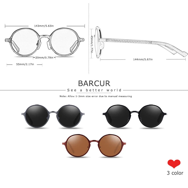 BARCUR Man Round Sunglasses Men Ultra Light Glasses Retro Vintage Women Sun Glasses UV400 Eyewear Accessory