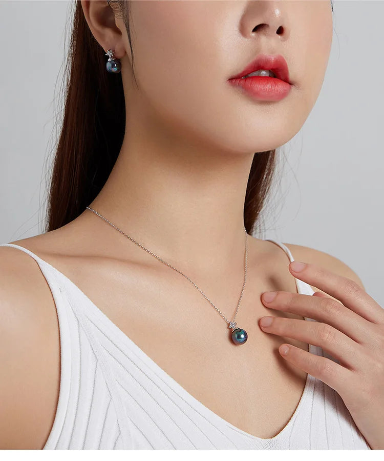 bamoer 925 Sterling Silver Elegant Black Pearl Earrings Necklace Shell Pearl Necklace Chain for Women Fine Jewelry Set BSN226