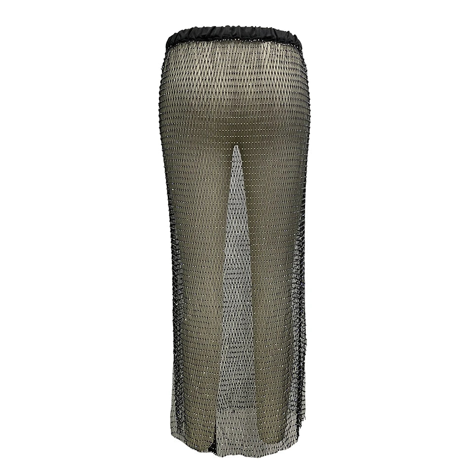 Shiny Crystal Mesh Hollow Split Loose Skirt – Sexy Rhinestone Party Skirt