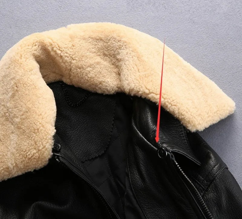 Top Quality Mens Air Force Pilot Sheepskin Genuine Leather Jacket Slim Fit Sheep Fur Collar Padded Coat Chaqueta Motor Hombre