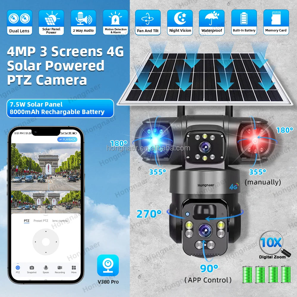 Hongnaer 4MP Wireless 3 Video Solar PTZ 4G Surveil Camera V380 Pro Dual Lens Outdoor Security 4G Sim Card CCTV 4G Solar Camera