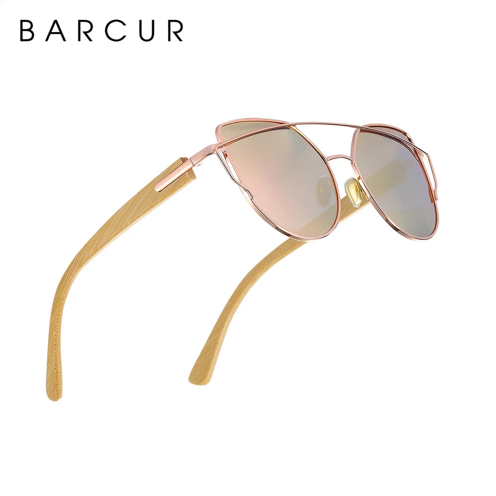 BARCUR Bamboo Cat Eye Sunglasses Polarized Metal Frame Wood Glasses Lady Luxury Fashion Sun Shades With Box