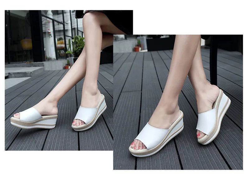 Women’s Split Leather Wedge Platform Slippers – Summer Slides