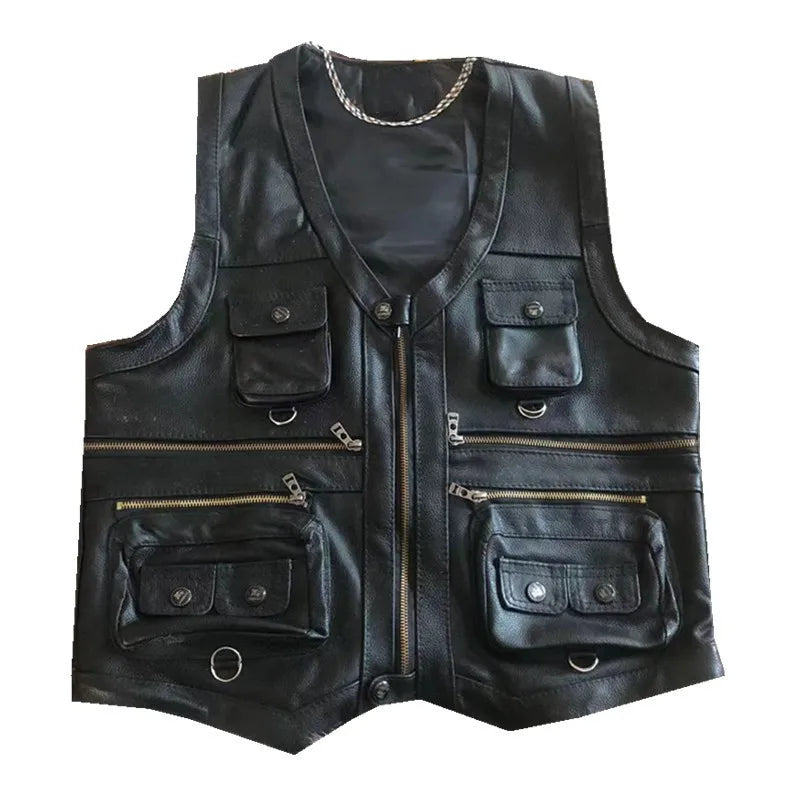 Cowhide Genuine Leather Vest Men Brown Waistcoat Male Sleeveless Jacket Thick High Quality Motorcycle Vest Multi Pocket Zipper