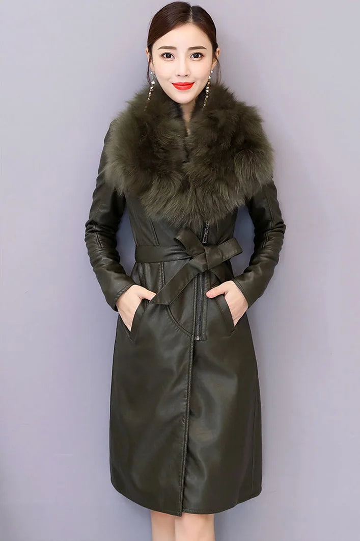 Women's Leather Jacket Winter 2024 New Add Velvet Warm Slim Big Fur Collar Long Leather Coat Female Outerwear With Belt M-4XL