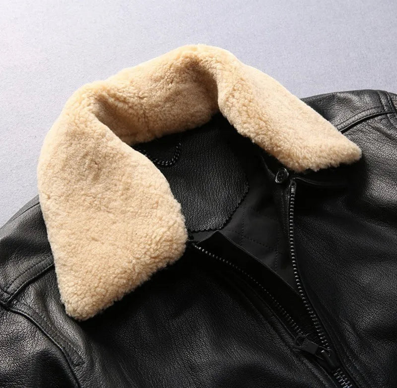 Top Quality Mens Air Force Pilot Sheepskin Genuine Leather Jacket Slim Fit Sheep Fur Collar Padded Coat Chaqueta Motor Hombre