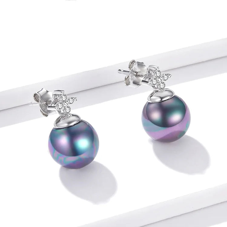 bamoer 925 Sterling Silver Elegant Black Pearl Earrings Necklace Shell Pearl Necklace Chain for Women Fine Jewelry Set BSN226