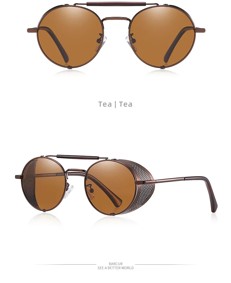 BARCUR Vintage Retro Round Polarized Steampunk Sunglasses Men Sun Glasses For Women Style UV400 Protection
