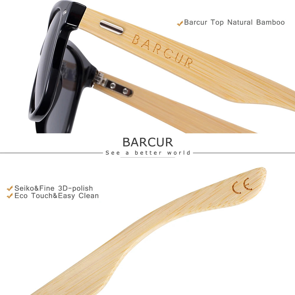 BARCUR Bamboo Sunglasses Wood Sun Glasses Square Green Frame UV400 Protection Polarized Eyewear
