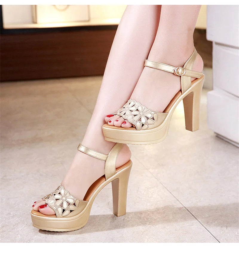 Women’s Plus Size Floral Carved Block Heel Buckle Platform Sandals – Wedding & Office Shoes