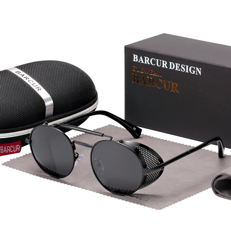 BARCUR Vintage Retro Round Polarized Steampunk Sunglasses Men Sun Glasses For Women Style UV400 Protection