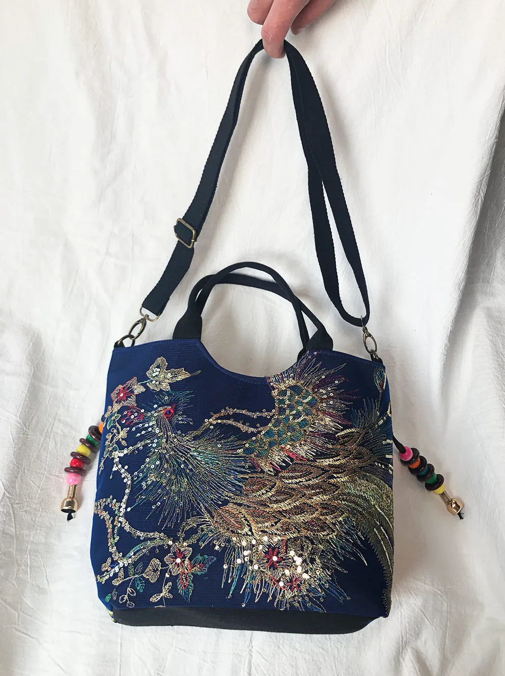 Veowalk Summer Women Shiny Peacock Embroidered Tote Bag Retro Ladies Casual Large Shopping Handbag with Shoulder Belts Handmade