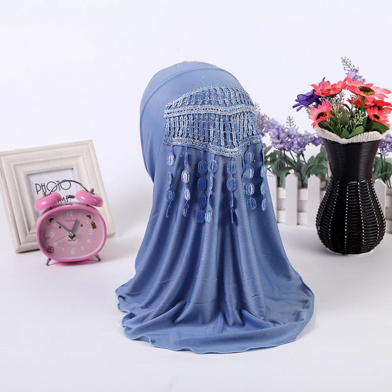 Amira-Muslim Girls Headwear with Diamond Tassel Islamic Prayer Headscarf Arab Soft Wrapped Scarf Plain Shawls Middle East