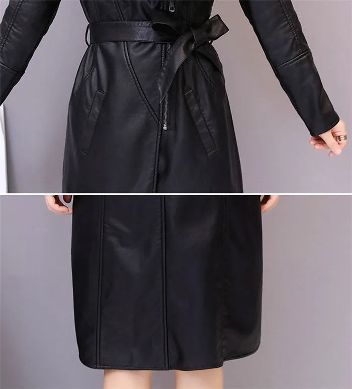 Women's Leather Jacket Winter 2024 New Add Velvet Warm Slim Big Fur Collar Long Leather Coat Female Outerwear With Belt M-4XL