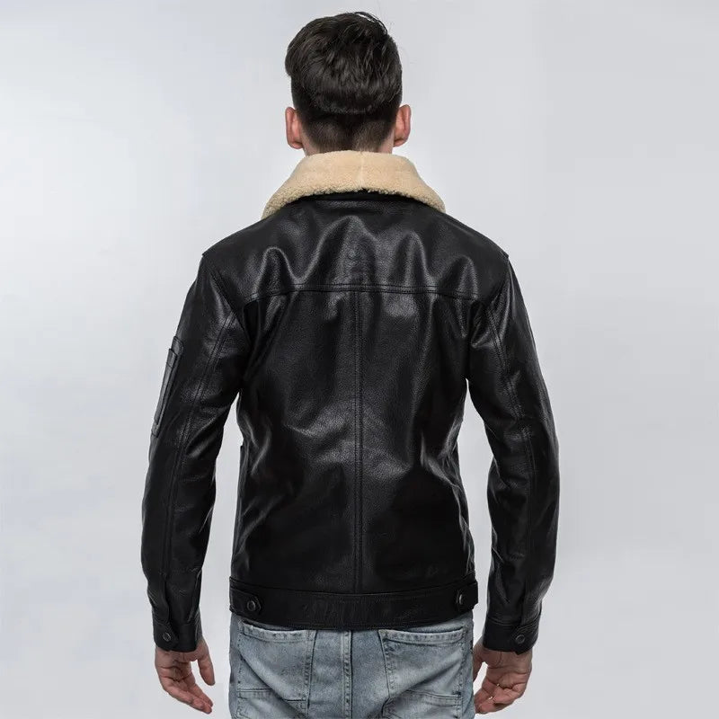 Top Quality Mens Air Force Pilot Sheepskin Genuine Leather Jacket Slim Fit Sheep Fur Collar Padded Coat Chaqueta Motor Hombre