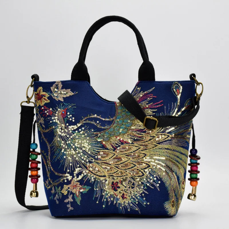 Veowalk Summer Women Shiny Peacock Embroidered Tote Bag Retro Ladies Casual Large Shopping Handbag with Shoulder Belts Handmade