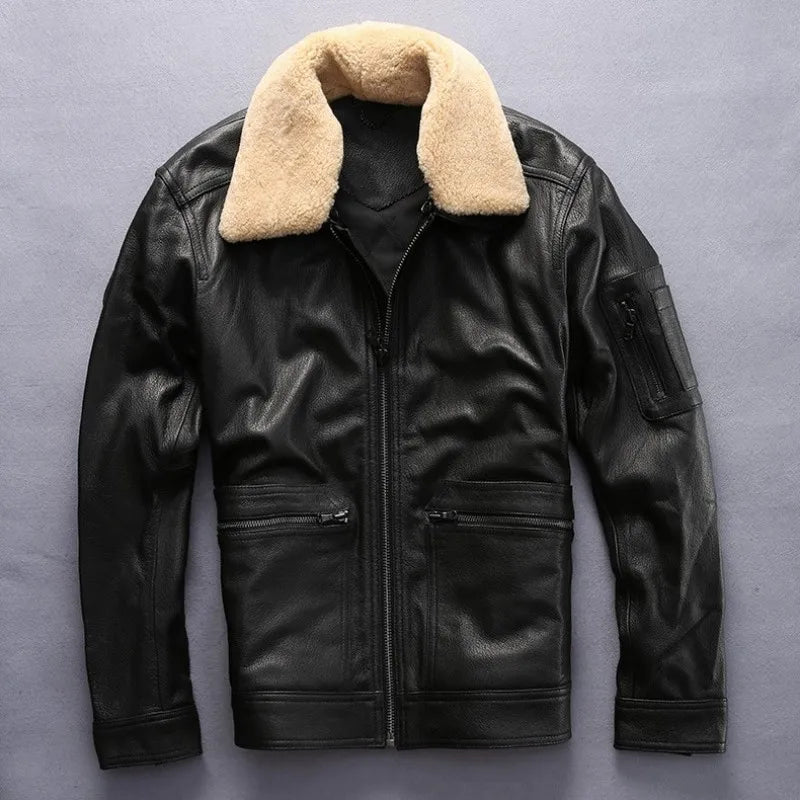 Top Quality Mens Air Force Pilot Sheepskin Genuine Leather Jacket Slim Fit Sheep Fur Collar Padded Coat Chaqueta Motor Hombre