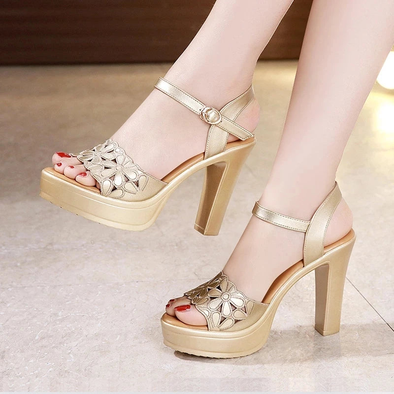 Women’s Plus Size Floral Carved Block Heel Buckle Platform Sandals – Wedding & Office Shoes