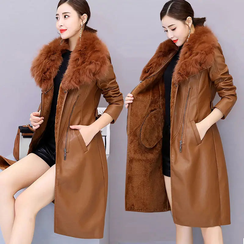 Women's Leather Jacket Winter 2024 New Add Velvet Warm Slim Big Fur Collar Long Leather Coat Female Outerwear With Belt M-4XL