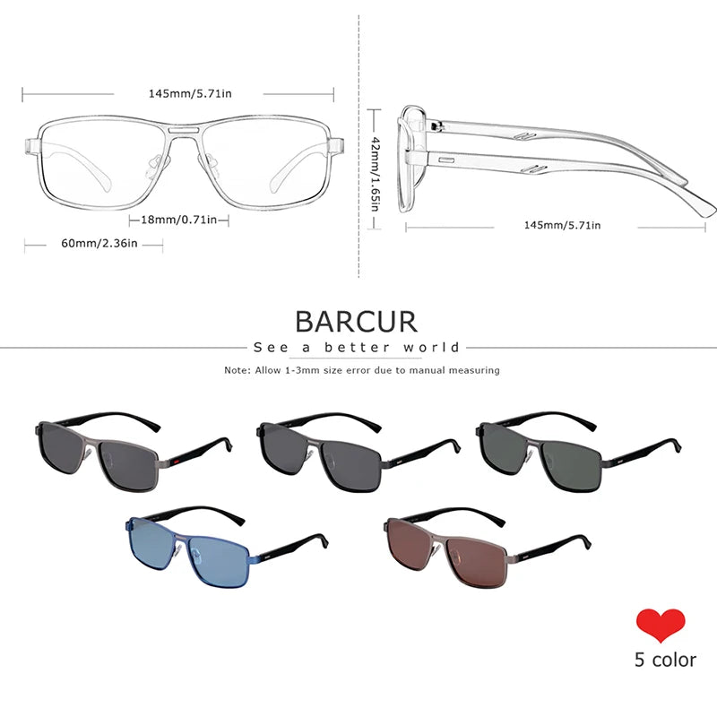 BARCUR Polarized Men Sunglasses Square Stainless Steel Frame TR90 Sun glasses Oculos De Sol gafas
