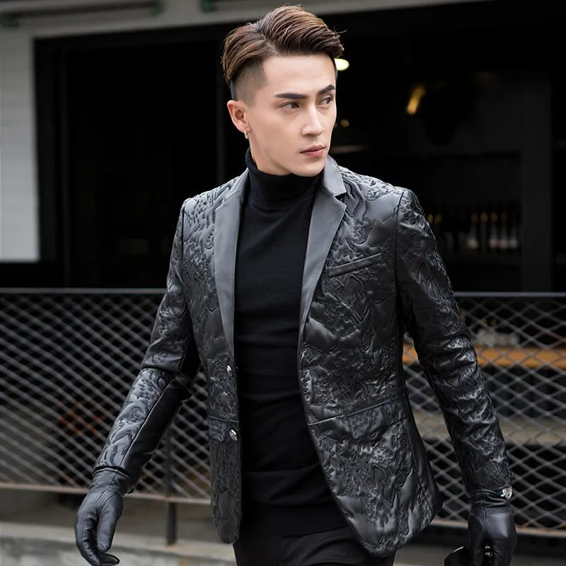 Luxury Men Business Real Leather Jacket Sheepskin Slim Blazer Spring Autumn Classic Black Office Casual Outerwear Plus Size 4XL