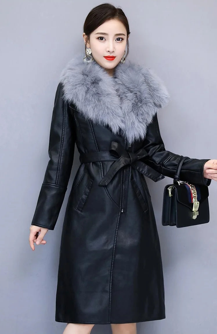 Women's Leather Jacket Winter 2024 New Add Velvet Warm Slim Big Fur Collar Long Leather Coat Female Outerwear With Belt M-4XL