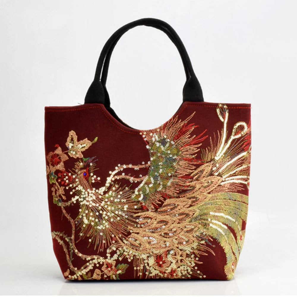 Veowalk Summer Women Shiny Peacock Embroidered Tote Bag Retro Ladies Casual Large Shopping Handbag with Shoulder Belts Handmade