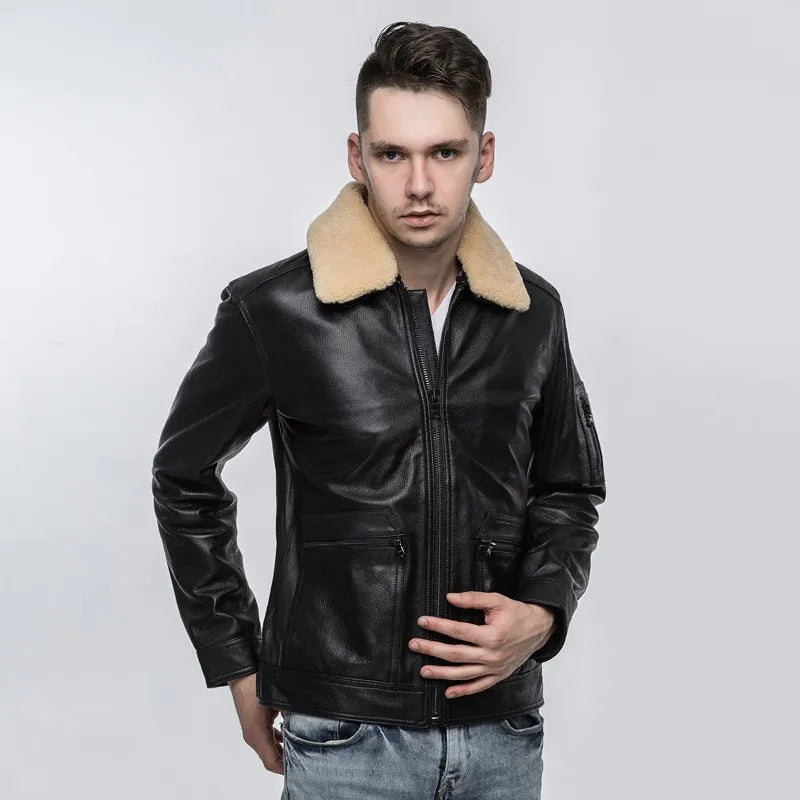 Top Quality Mens Air Force Pilot Sheepskin Genuine Leather Jacket Slim Fit Sheep Fur Collar Padded Coat Chaqueta Motor Hombre
