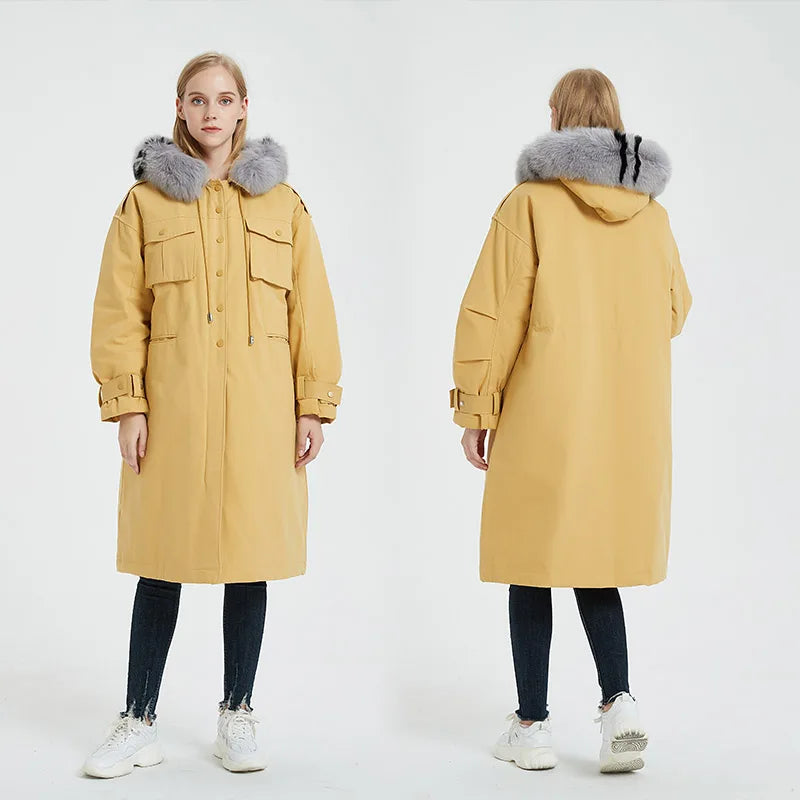 Maomaokong 2025 Winter New Long Down Jacket Women With Natural Real Fur Collar Loose Clothing Outerwear Quality Women Coat Parka