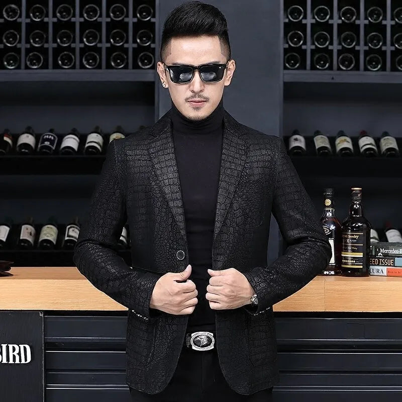 Autumn Business Men Sheepskin Genuine Leather Blazer Jacket Slim Fit Single Breasted Office Work Crocodile Pattern Suit Coat 4XL