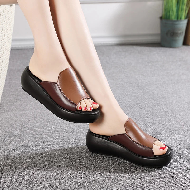 GrabliWorld Women’s Genuine Leather Platform Flip Flops – Summer 2025