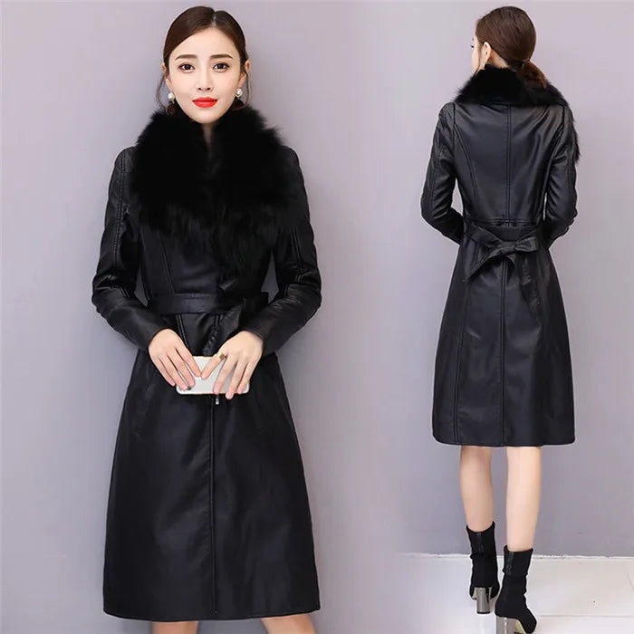 Women's Leather Jacket Winter 2024 New Add Velvet Warm Slim Big Fur Collar Long Leather Coat Female Outerwear With Belt M-4XL