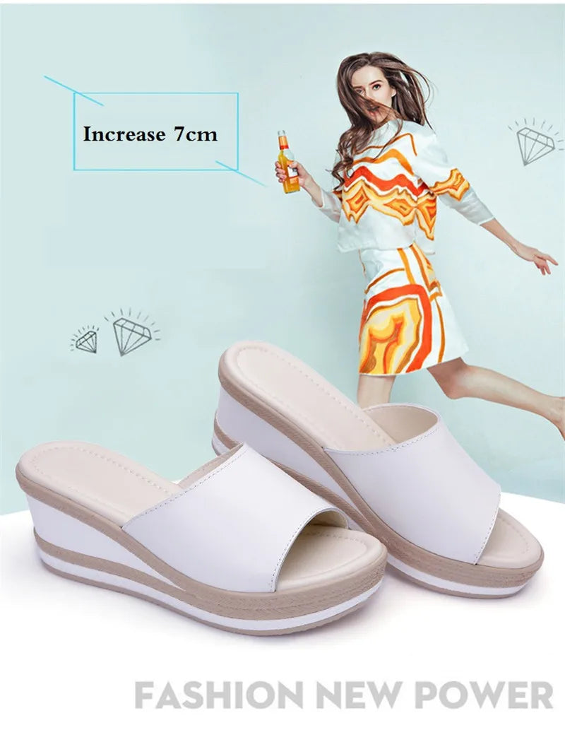 Women’s Split Leather Wedge Platform Slippers – Summer Slides