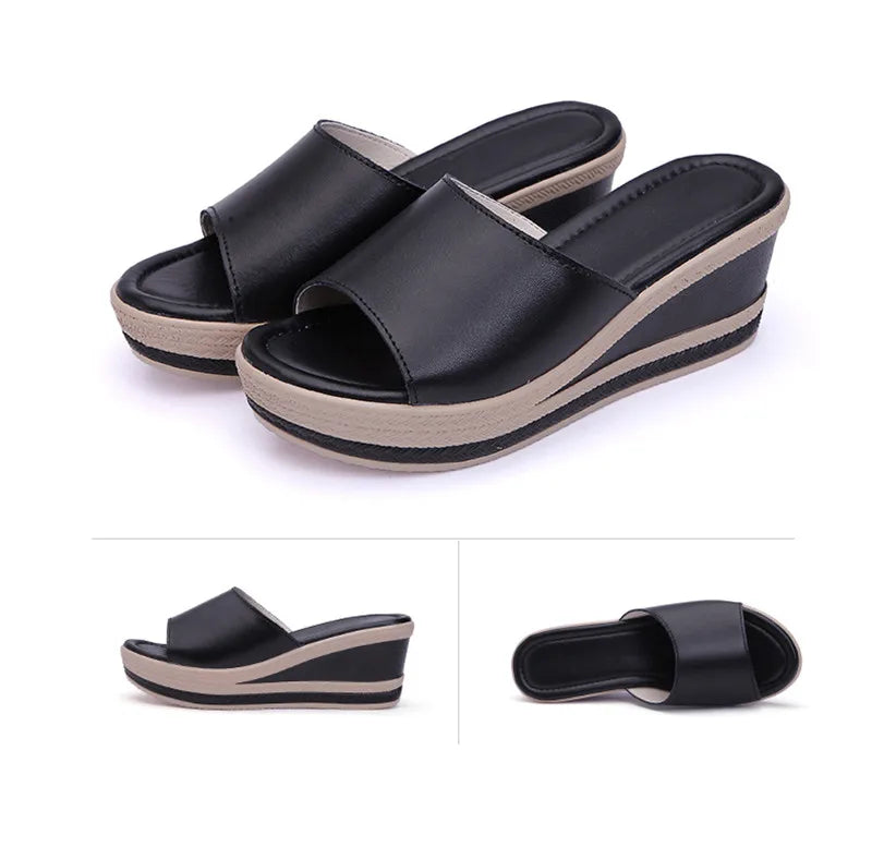 Women’s Split Leather Wedge Platform Slippers – Summer Slides