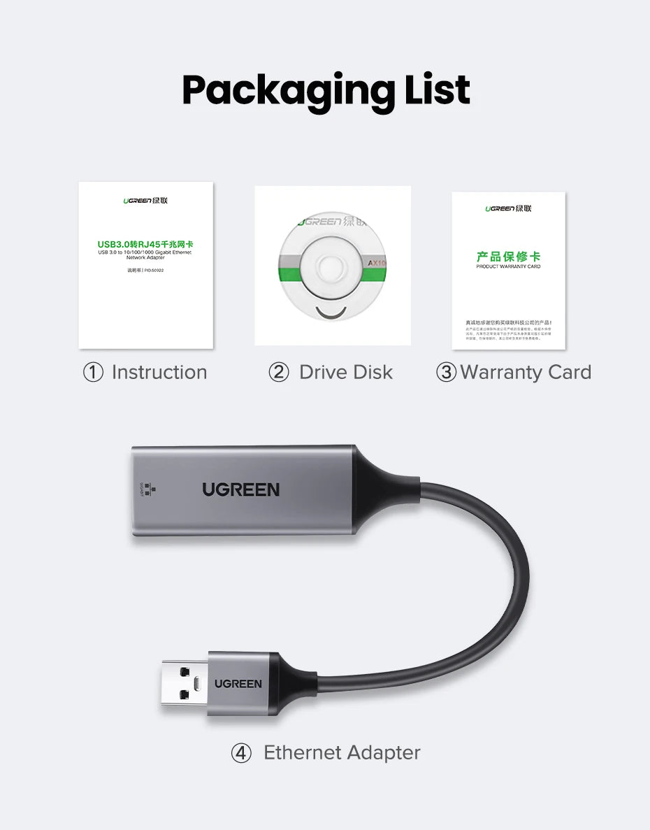 UGREEN USB Ethernet Adapter USB 3.0 Network Card to USB RJ45 Lan for PC Windows 10 Xiaomi Mi Box 3/S Nintend Switch Ethernet USB