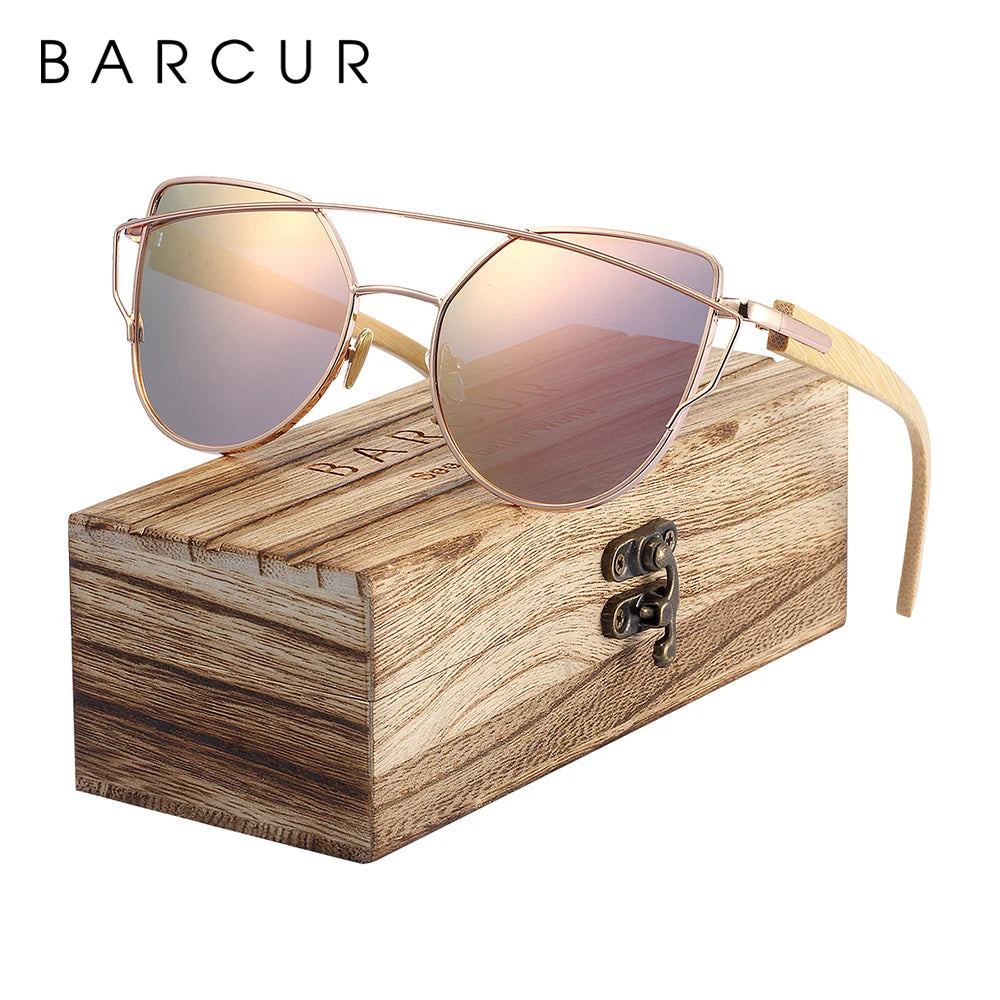 BARCUR Bamboo Cat Eye Sunglasses Polarized Metal Frame Wood Glasses Lady Luxury Fashion Sun Shades With Box