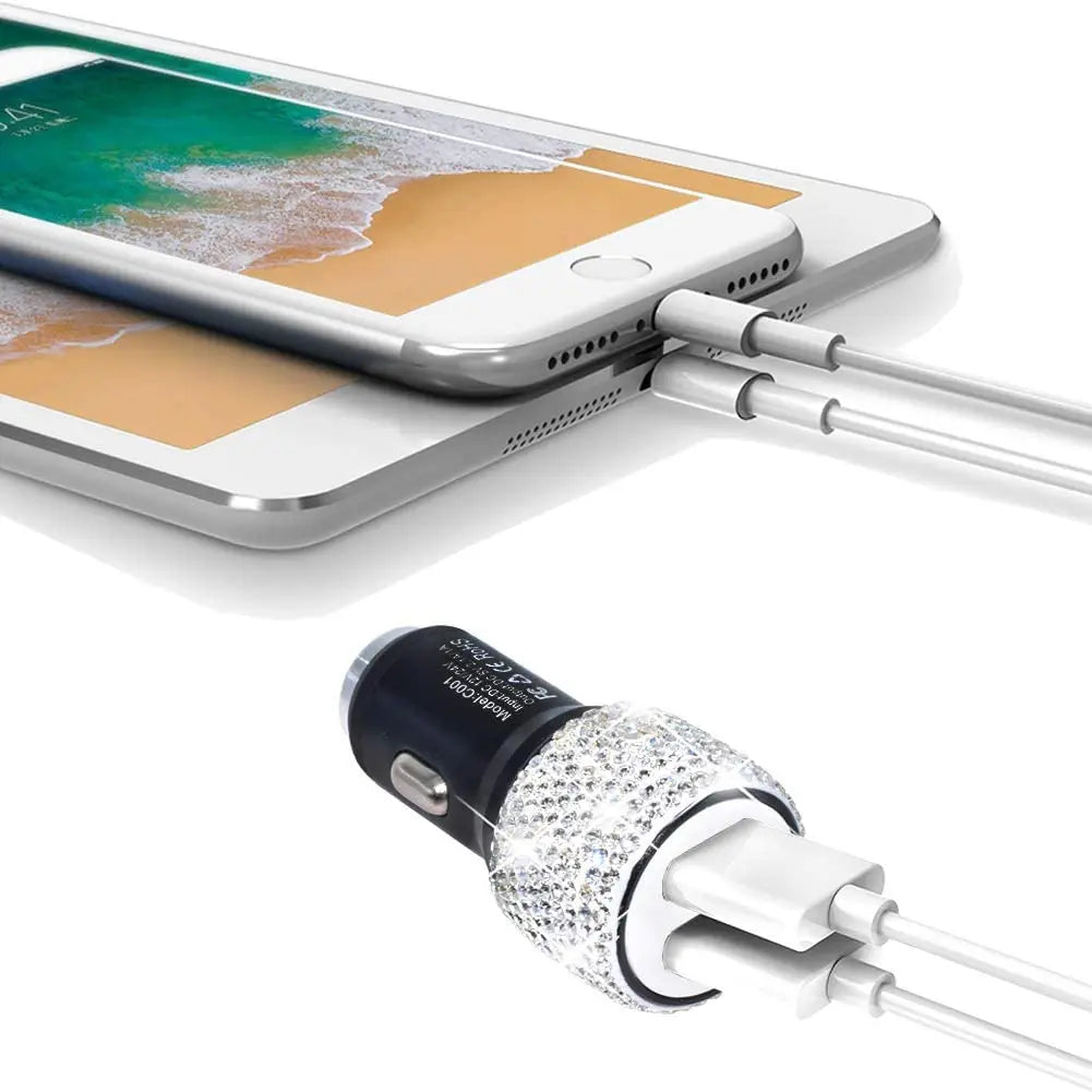Dual USB Car Charger Bling Bling Handmade Rhinestones Crystal Car Decorations for Fast Charging Car Decors for iPhone/Samsung