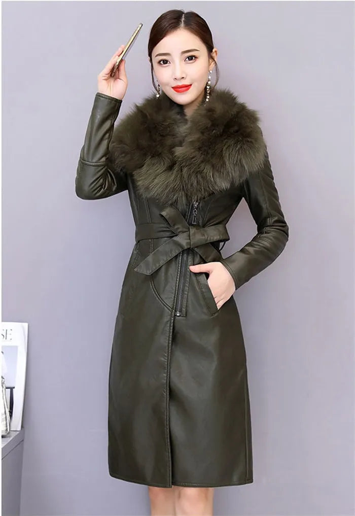 Women's Leather Jacket Winter 2024 New Add Velvet Warm Slim Big Fur Collar Long Leather Coat Female Outerwear With Belt M-4XL