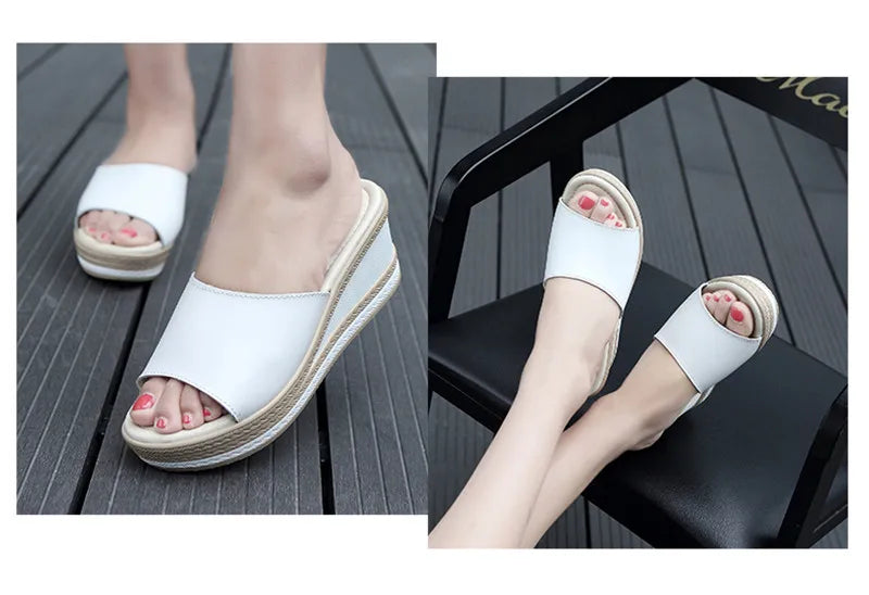 Women’s Split Leather Wedge Platform Slippers – Summer Slides