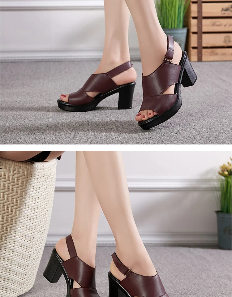 Genuine Leather Women’s Platform Sandals Thick Sole High Heels Summer Shoes