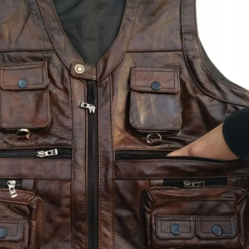Cowhide Genuine Leather Vest Men Brown Waistcoat Male Sleeveless Jacket Thick High Quality Motorcycle Vest Multi Pocket Zipper