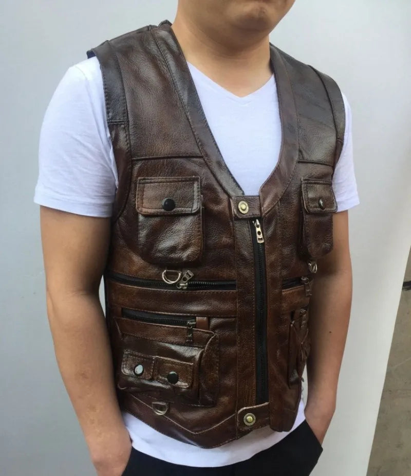 Cowhide Genuine Leather Vest Men Brown Waistcoat Male Sleeveless Jacket Thick High Quality Motorcycle Vest Multi Pocket Zipper