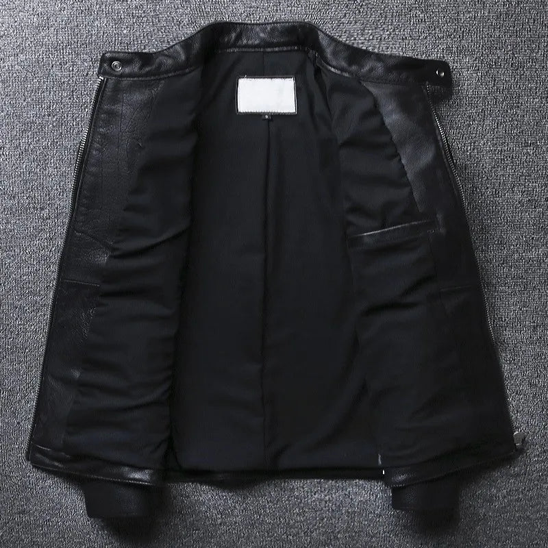 Plus Size 5XL Casual Leather Jacket Men Stand Collar Black 100% Cowhide Jackets Male High Quality Mens Genuine Leather Jacket