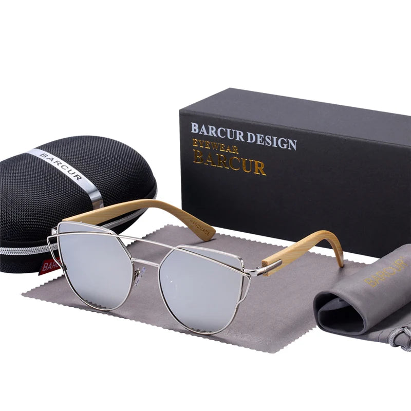 BARCUR Bamboo Cat Eye Sunglasses Polarized Metal Frame Wood Glasses Lady Luxury Fashion Sun Shades With Box
