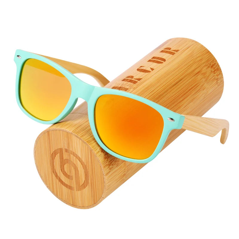 BARCUR Bamboo Sunglasses Wood Sun Glasses Square Green Frame UV400 Protection Polarized Eyewear