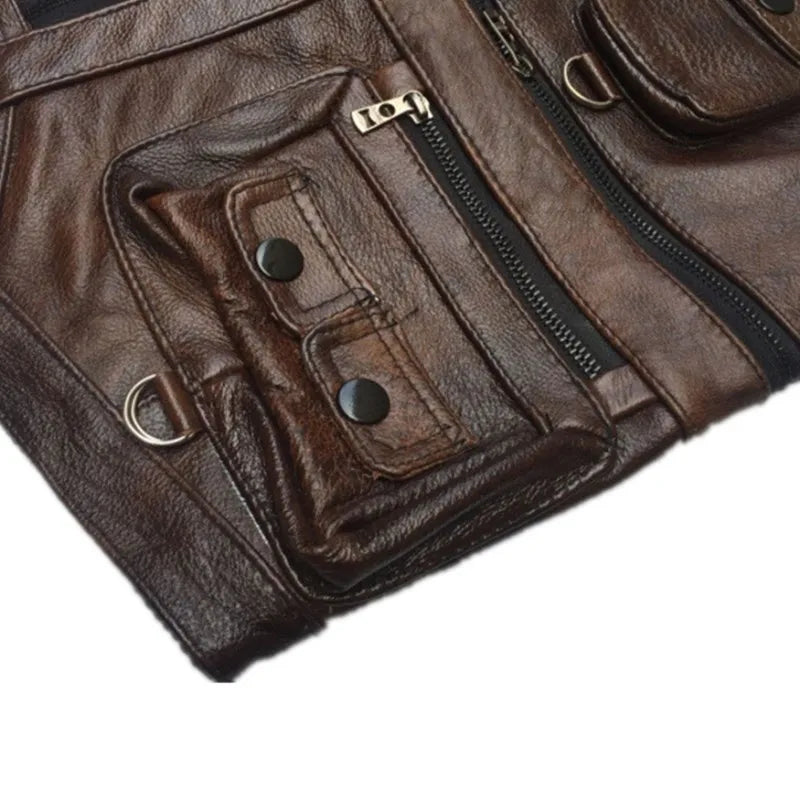 Cowhide Genuine Leather Vest Men Brown Waistcoat Male Sleeveless Jacket Thick High Quality Motorcycle Vest Multi Pocket Zipper