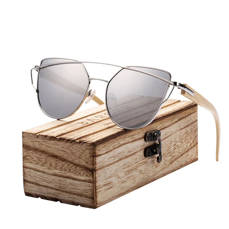 BARCUR Bamboo Cat Eye Sunglasses Polarized Metal Frame Wood Glasses Lady Luxury Fashion Sun Shades With Box